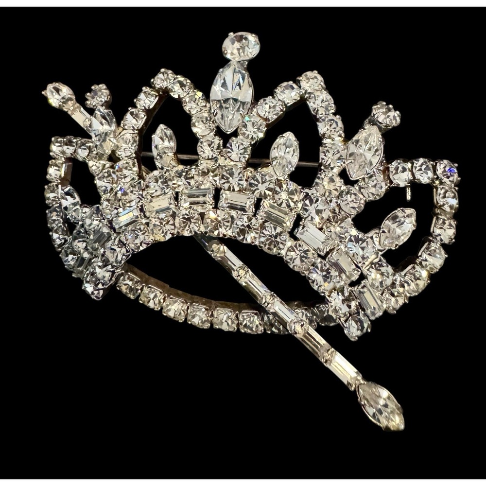 Crown Scepter Brooch Pin Rhinestone Crystal Queen Princess Quinceañera Luxe